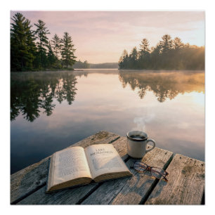 Offenes Buch Mit Kaffee Auf Einem See Steg Poster