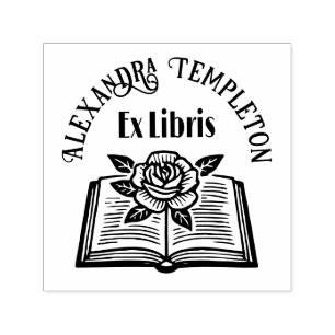 Offenes Buch mit Rose #2PS mit Ex Libris Name Permastempel
