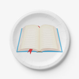 Offenes Buch mit rotem Lesezeichen Pappteller