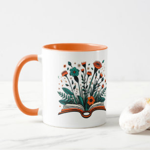 Offenes Buch mit sprießenden Blumen Tasse