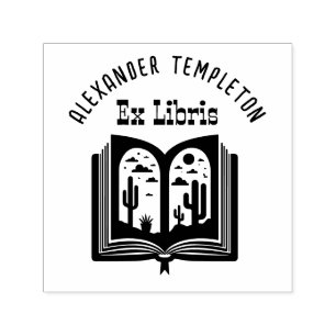 Offenes Buch mit Wüstenlandschaftsseiten "Ex Libri Permastempel