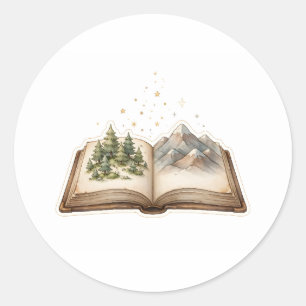 Offenes Buch Wald Berg Abenteuer Lesen Kunst Runder Aufkleber
