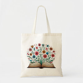 Offenes Buch Zeichnend mit bunten Blume blühen Tragetasche