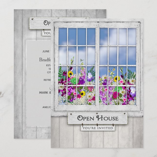 OFFENES HAUS, EINLADUNG, Rustikales Fenster/Blume- Einladung (Vorne/Hinten)