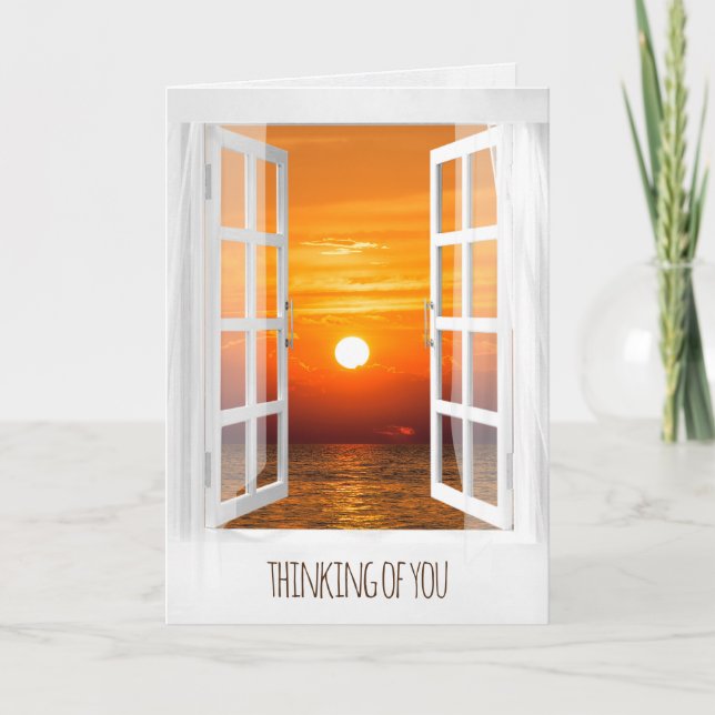 offenes weißes Fenster mit Sonnenaufgangsszene Karte (Vorderseite)