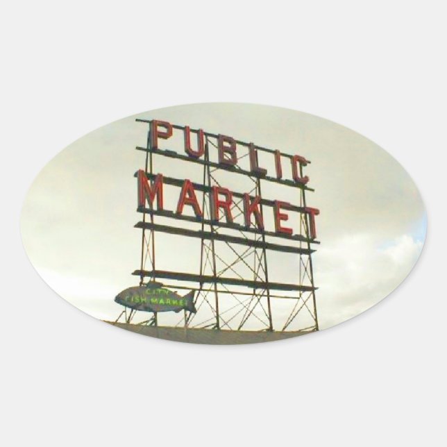 Öffentlicher Markt in Seattle, WA Ovaler Aufkleber (Vorderseite)