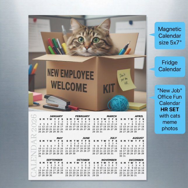 Office Fridge Calendar 2026, HR / New Employee Magnetkarte (Office Fridge Calendar 2026 / New Employee / Cat Meme)