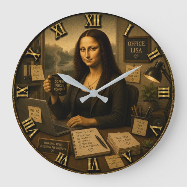 Office Funny Mona Lisa Desk Decor Gift Große Wanduhr (Vorderseite)