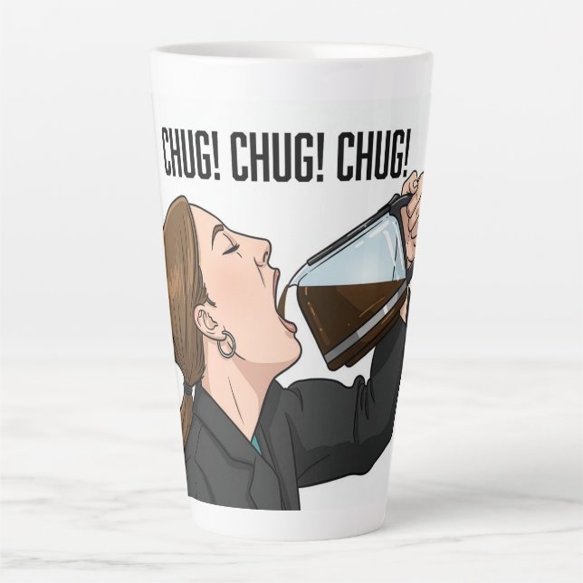 Office Woman Chugging Coffee From Pot Humor Milchtasse (Vorderseite)