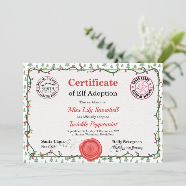Official North Pole Elf Adoption Certificate  Einladung (Stehend Vorderseite)