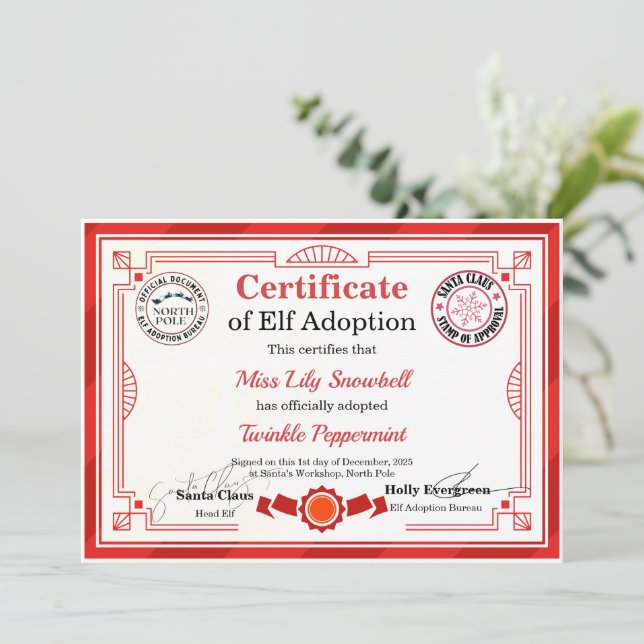 Official North Pole Elf Adoption Certificate  Einladung (Stehend Vorderseite)
