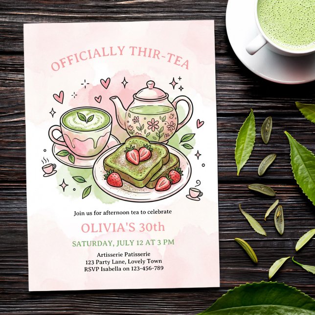 Officially Thir-tea Matcha Birthday Brunch Tea Einladung (Matcha Tea Party Invite - for brunch or afternoon tea - easy to edit for any milestone, ie twen-tea)
