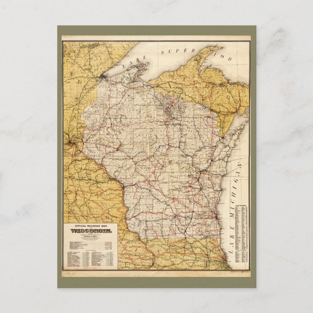 Offizielle Eisenbahnkarte von Wisconsin (1900) Postkarte (Vorderseite)