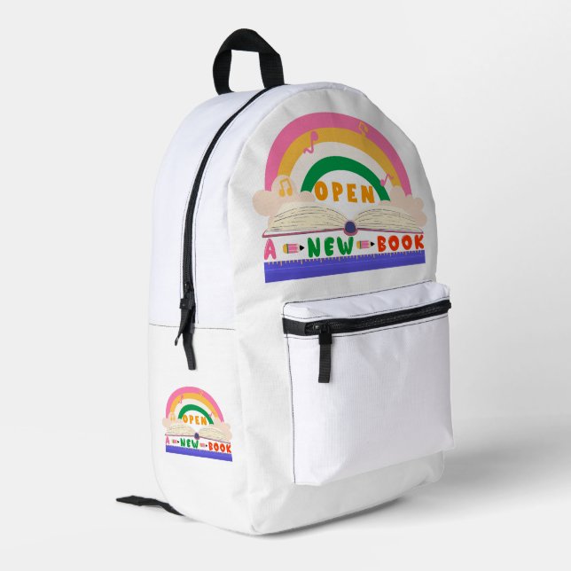 Öffnen eines neuen Buches Bedruckter Rucksack (Rückseitige Ecke links)