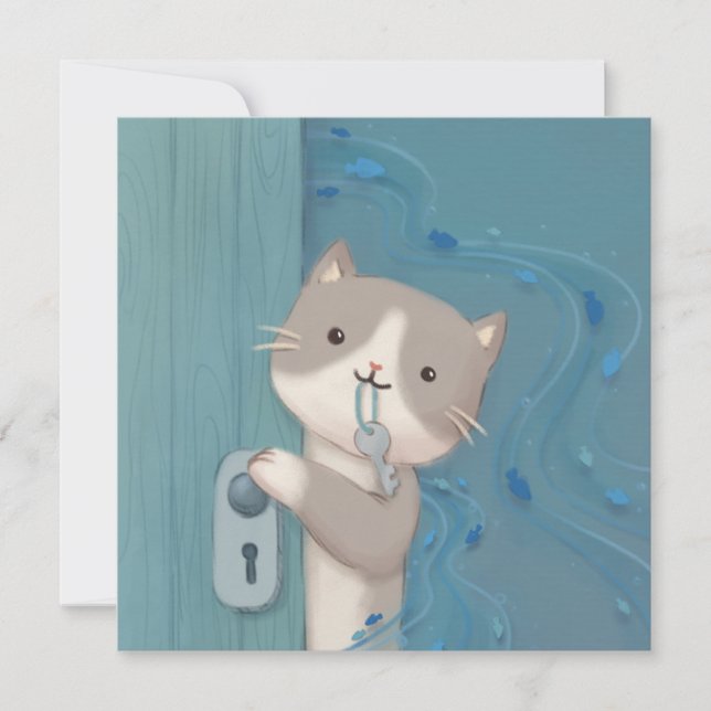 Öffnen: Katze mit Schlüssel Einladung (Vorderseite)