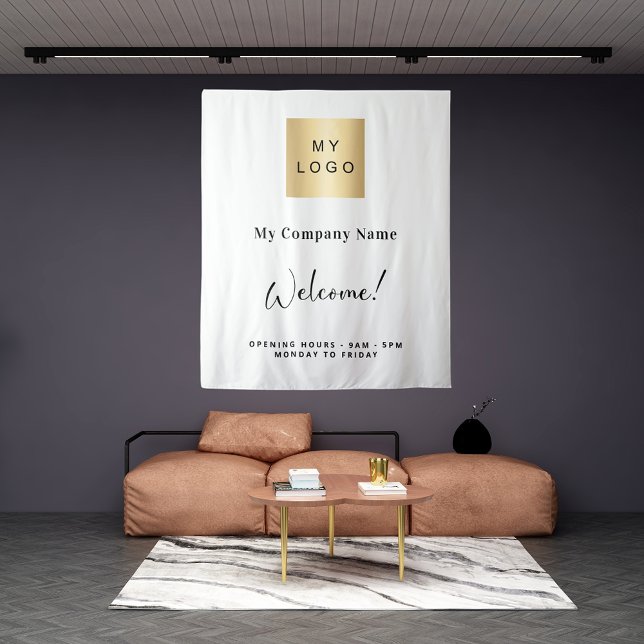 Öffnungszeiten des weißen Firmenlogos Wandteppich (Von Creator hochgeladen)