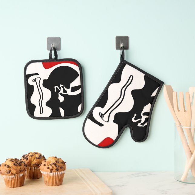 Offsetkammer: Abstrakt Schwarz, Weiß und Rot Ofenhandschuh & Topflappen-Set (Insitu (Hängend))