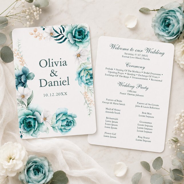 Offweiße und Aquamarine Hochzeitsfeier Programm (Teal Wildflower Botanical Wedding Program)