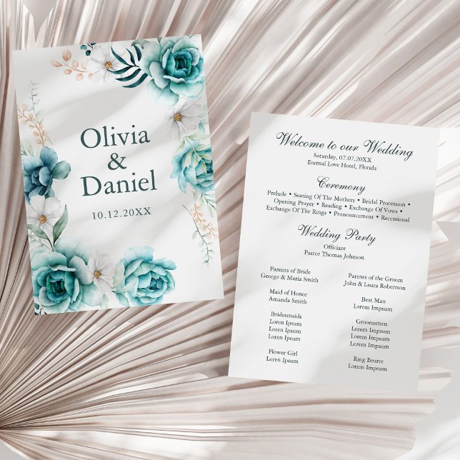 Offweiße und Aquamarine Hochzeitsfeier Programm (Off-White & Teal Floral Wedding Program on a sunny white dry palm leaf.)
