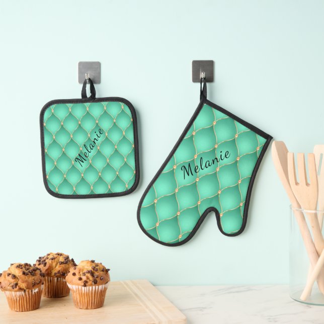 Ogee Gold Diamond getuppt Aquamarin Ihren Namen Ofenhandschuh & Topflappen-Set (Insitu (Hängend))