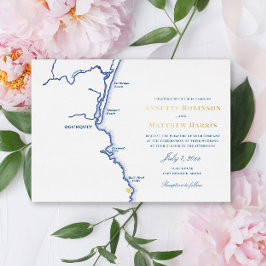 Ogunquit Maine Wedding Elegante Marine und Gold Folieneinladung