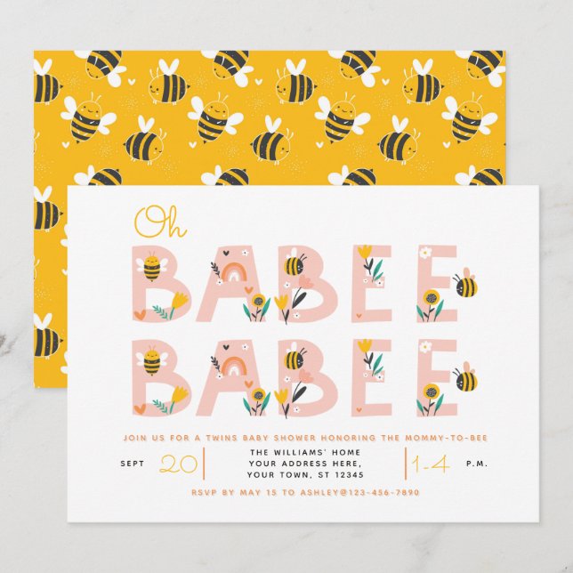 Oh Babee Baby Yellow Twin Baby Dusche Einladung (Vorne/Hinten)