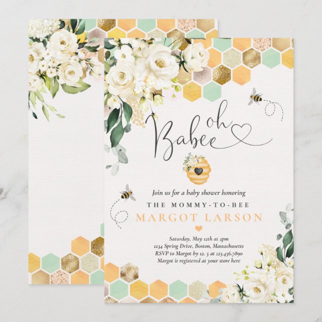 Oh Babee Greenery White Floral Baby Dusche Einladung (Vorne/Hinten)