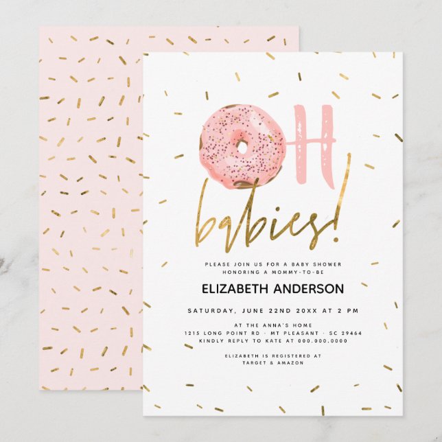 Oh Babies Donut & Sprinkles Gold Girl Baby Dusche  Einladung (Vorne/Hinten)
