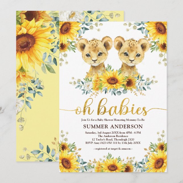 Oh Babies | Lion Twins Sonnenblumendusche Einladung (Vorne/Hinten)