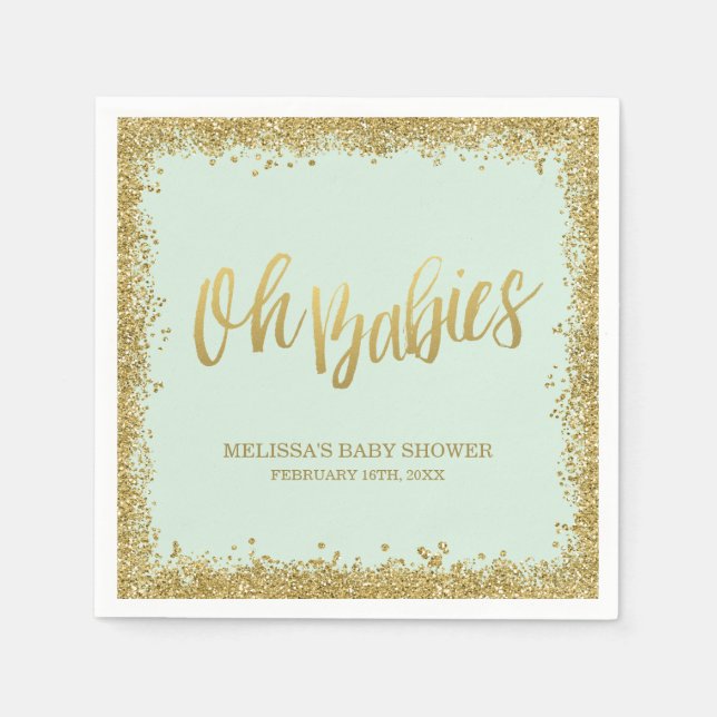 Oh Babies Mint Gold Glitzer Babydusche Serviette (Vorderseite)