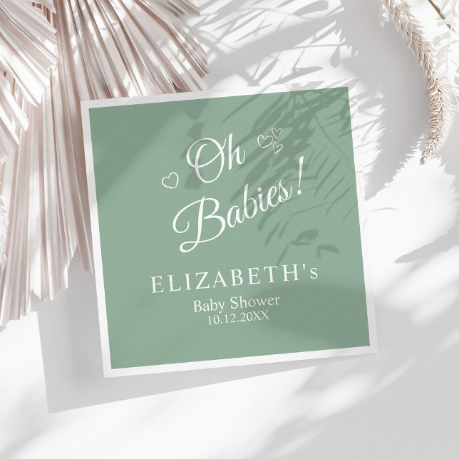 Oh Babies Sage Green Twin Baby Shower Napkins Serviette (Oh Babies Sage Green Twin Baby Shower Napkins on a sunny table with neutral dry botanicals.)