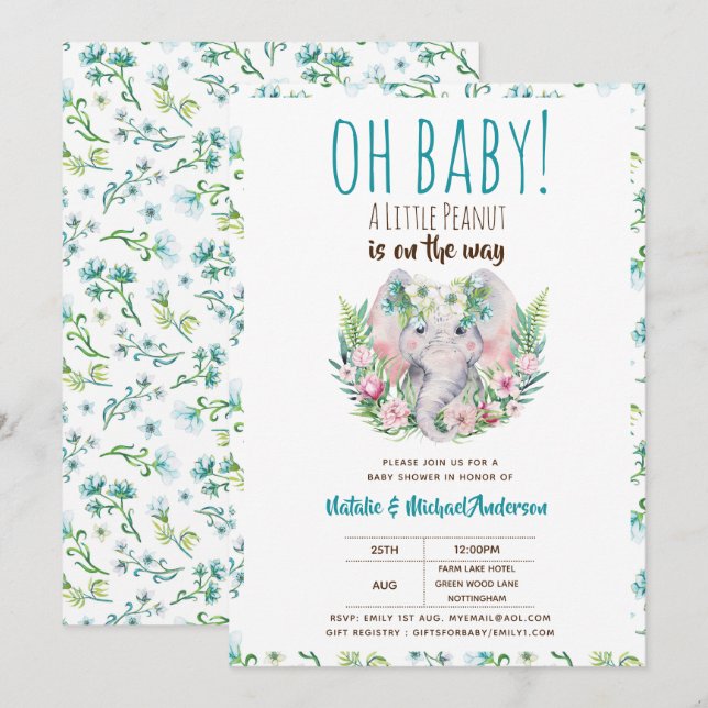 Oh Baby A Little Peanut Boho Elephant Baby Dusche Einladung (Vorne/Hinten)