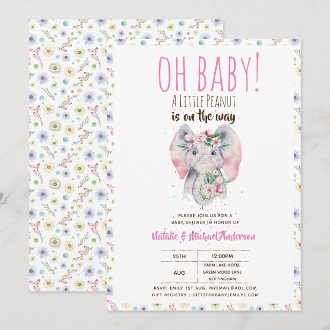 Oh Baby A Little Peanut Boho Elephant Boho Blume Einladung (Vorne/Hinten)