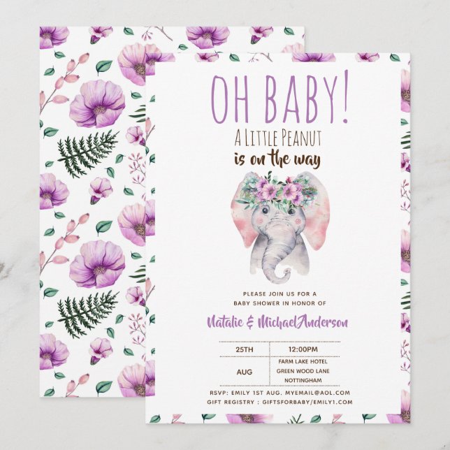 Oh Baby A Little Peanut Elephant Baby Shower Boho Einladung (Vorne/Hinten)