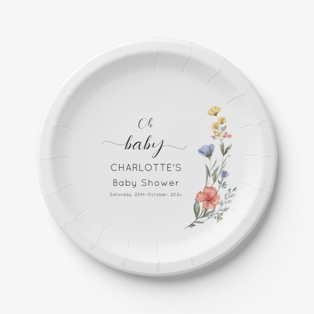 Oh, Baby! Aquarell Wildblume Babydusche Pappteller (Vorderseite)