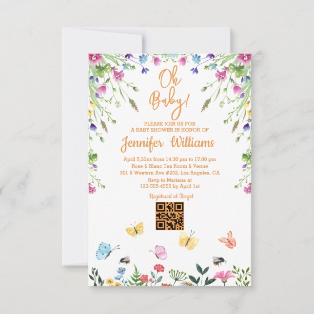Oh Baby, Baby Dusche qr Blumenorange Einladung (Vorderseite)