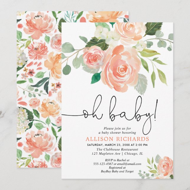 Oh Baby-Babypartyblumenpfirsichgrün Einladung (Vorne/Hinten)
