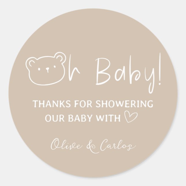 Oh Baby Bear und Herz Danke Baby Dusche Runder Aufkleber (Vorderseite)