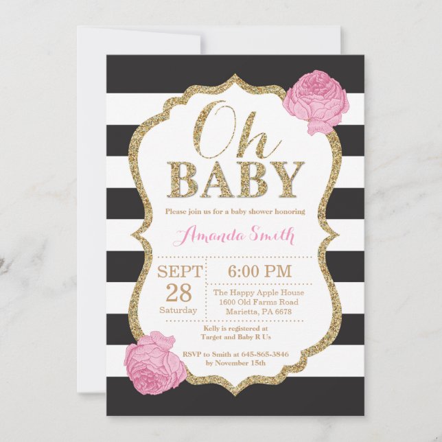 Oh Baby Black and Gold Baby Shower Einladung (Vorderseite)