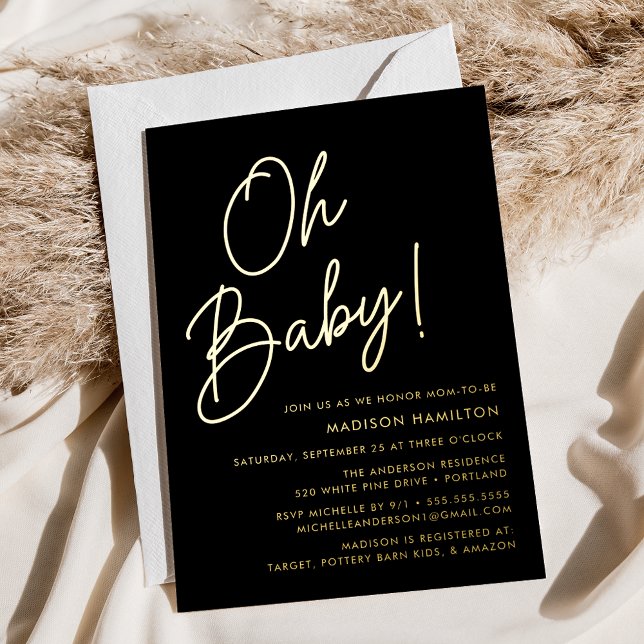 Oh Baby Black and Gold Script Baby Dusche Folieneinladung (Von Creator hochgeladen)