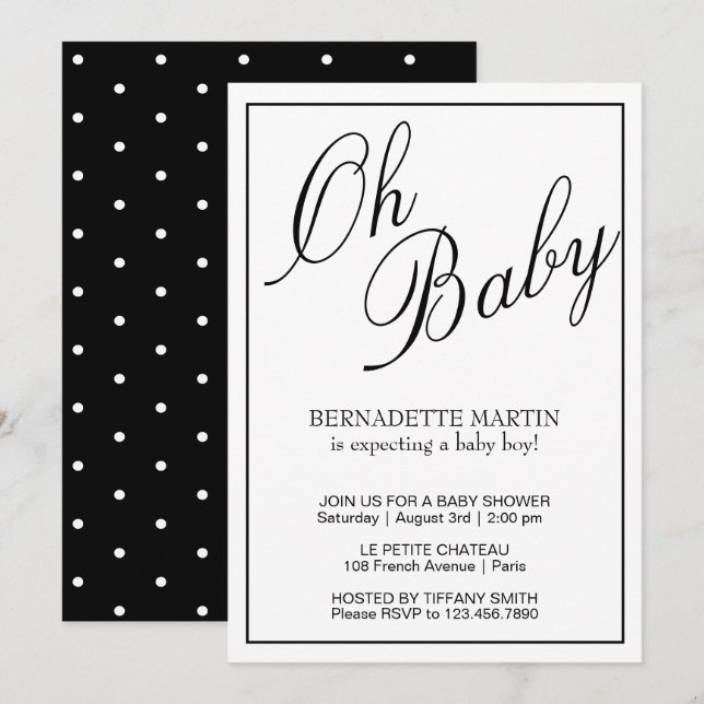 Oh Baby Black and White Elegant Baby Dusche Einladung (Vorne/Hinten)