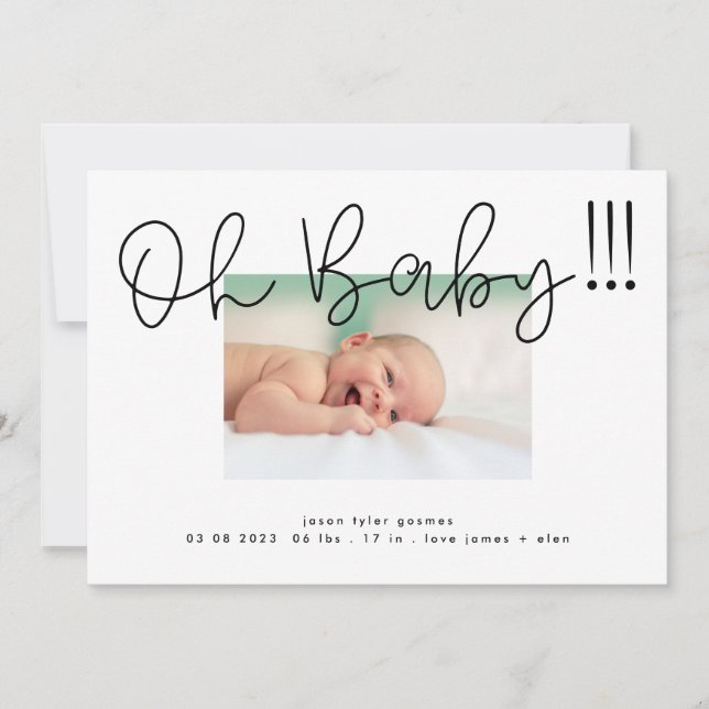 Oh Baby black auf weißer moderner Funky Fun Baby Ankündigung (Vorderseite)