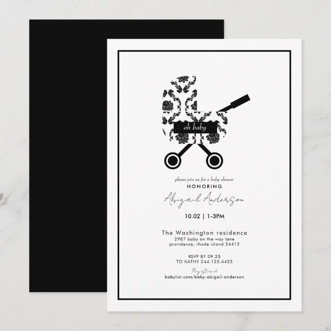 Oh Baby Black Damask Pram Babydusche Einladung (Vorne/Hinten)