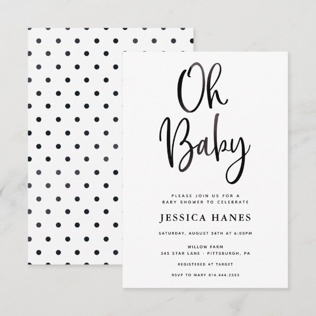 Oh Baby Black Foil Baby shower Invitation (Devant / Derrière)