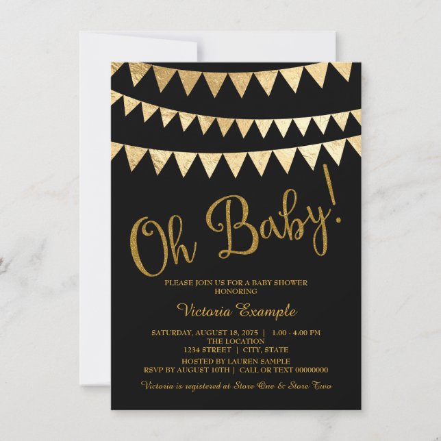 Oh Baby Black Gold Gender Neutral Baby Dusche Einladung (Vorderseite)