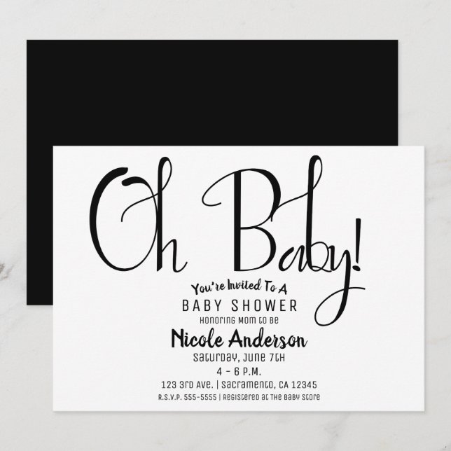 Oh Baby Black Script Modernes Minimal Dusche Party Einladung (Vorne/Hinten)
