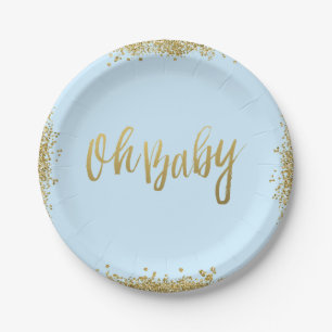 Oh Baby-Blau-Imitat-GoldGlitzer-Baby-Dusche Pappteller