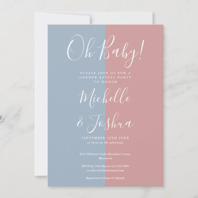 Oh Baby Blue and Pink Gender Reveal Party Einladung (Vorderseite)