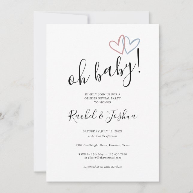 Oh Baby Blue and Pink Hearts Gender Reveal Party Einladung (Vorderseite)