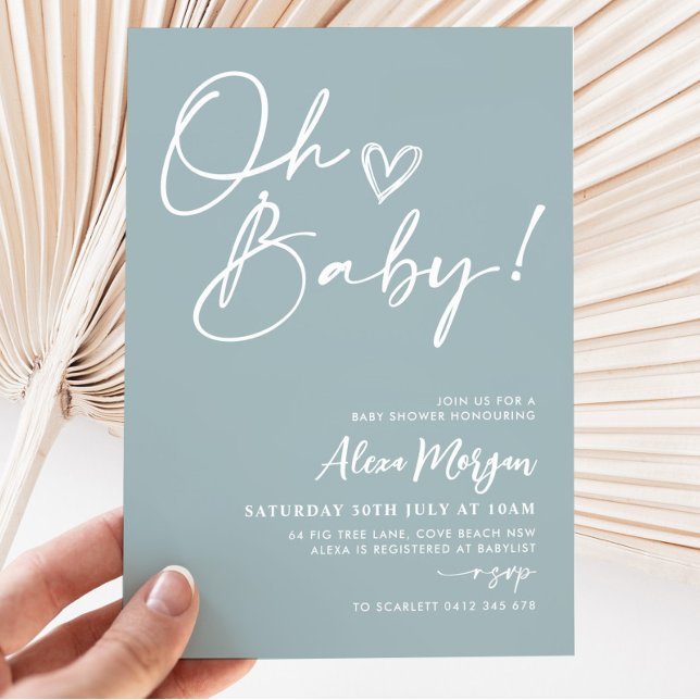 Oh Baby Blue Baby Dusche Einladung Minimalistisch (Oh Baby Baby Shower Invitation | Matching items available.)